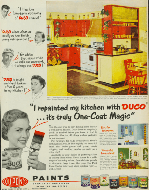 Selling the versatility and ease of using Du Pont's Duco paint. Print advertisement. Better Homes and Gardens. 1952. Courtesy of the Hagley Museum and Library, digital collections, P20100811_006.tif.