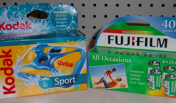 Two disposable cameras, a Kodak Sport and Fuji Quicksnap, for sale at a Walgreens in Newark, DE. Photograph by author. 