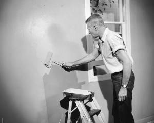 This man tests a Du Pont rubber-based paint with a roller. Photograph. E.I. du Pont Nemours & Company. 1952. Courtesy of the Hagley Museum and Library, digital collections, 1972341_2900.tif.