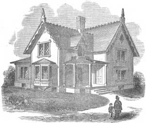 Illustration from Woodward's Country Homes (1865), a design book for middle-class dwellings. A similar house appeared on packaging for the Narragansett Elmwood paper collar in the early 1870s. Like Woodward's remarks on heating efficiency, the message from Narragansett was that cost-effective paper collars were a part of respectable middle-class life.