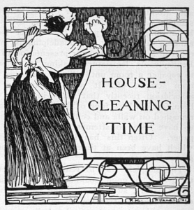 Black and white illustration of a housekeeper cleaning