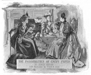 Black and white illustration of three women seated at a luncheon with crepe paper decor.