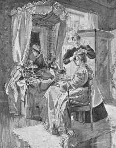 Black and white illustration of a woman at her dressing table with her maid.
